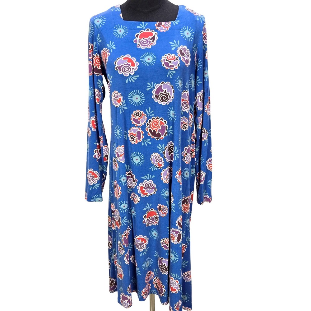 Women's Gudrun Sjödén S Blue Floral Lyocell Square Neck Long Sleeve Midi Dress